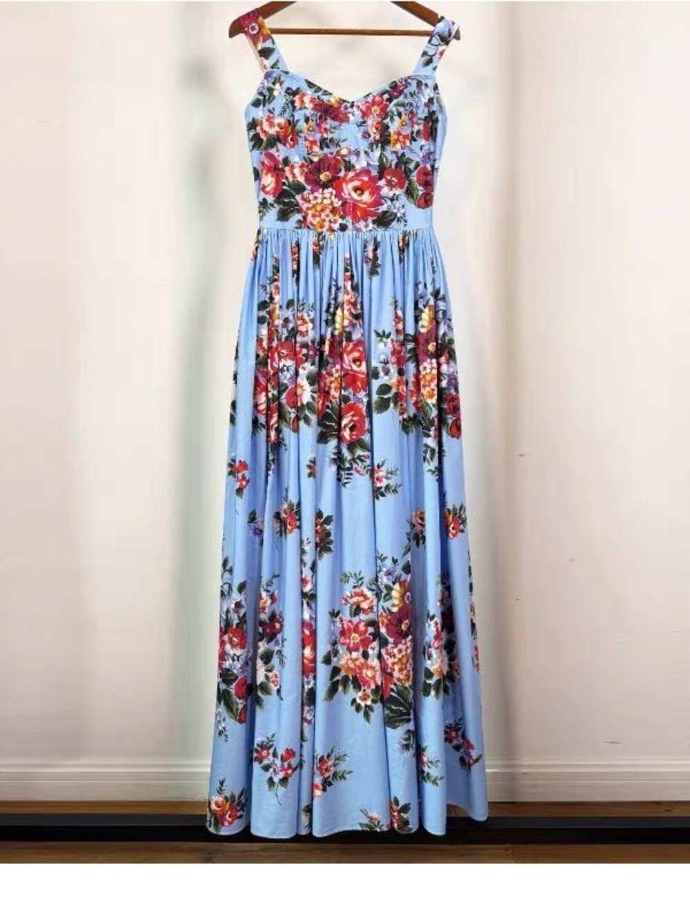 Luxury 100% Cotton Blue Floral Maxi Dress with Red Rose Print - Picture 8 of 14